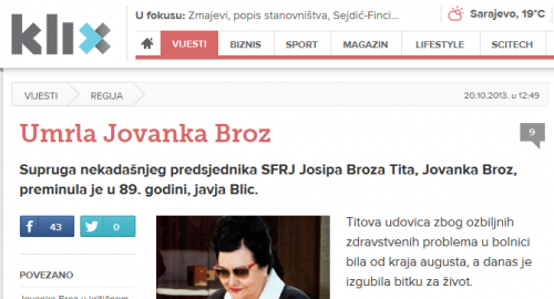 Mediji: Umrla Jovanka Broz