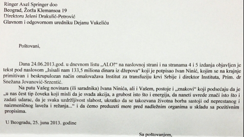 A gde su odgovori?:  Dopis direktorke  Instituta