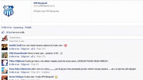 Zvanična „fejsbuk“ strana OFK Beograda zatrpana komentarima navijača Novog Pazara